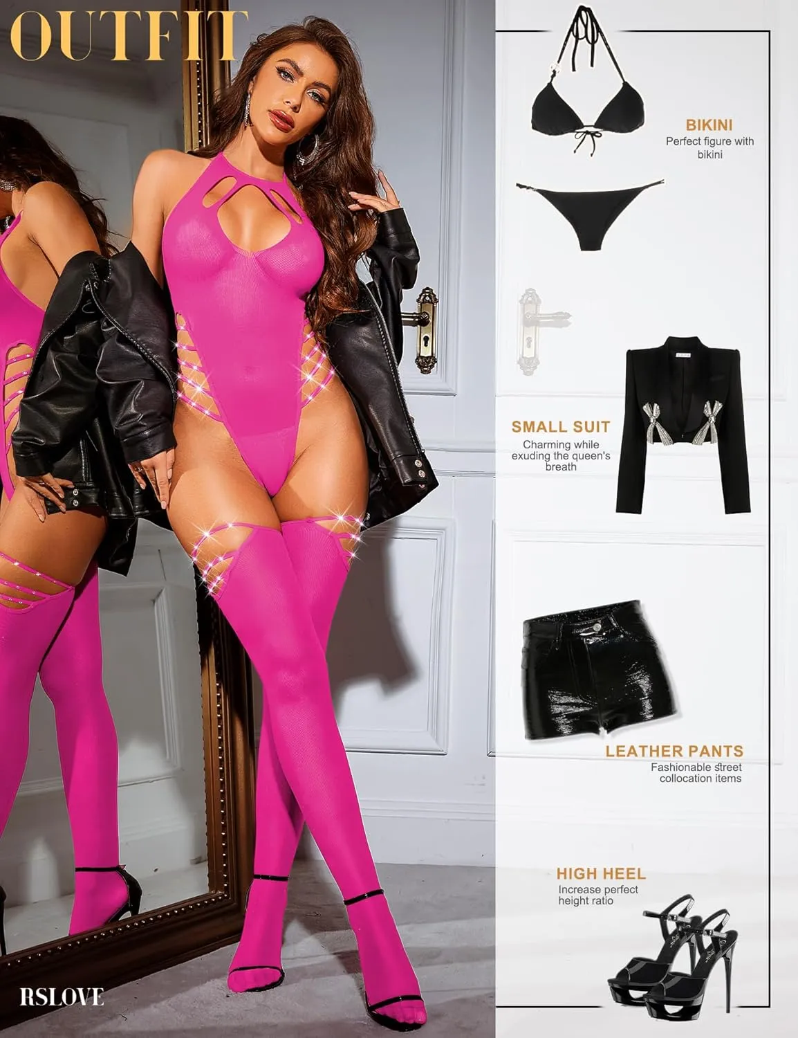 RSLOVE Sexy Lingerie Sets for Women Fishnet Bodystocking Exotic Sparkle Rhinestone Mesh Bodysuit with Thigh High Stockings