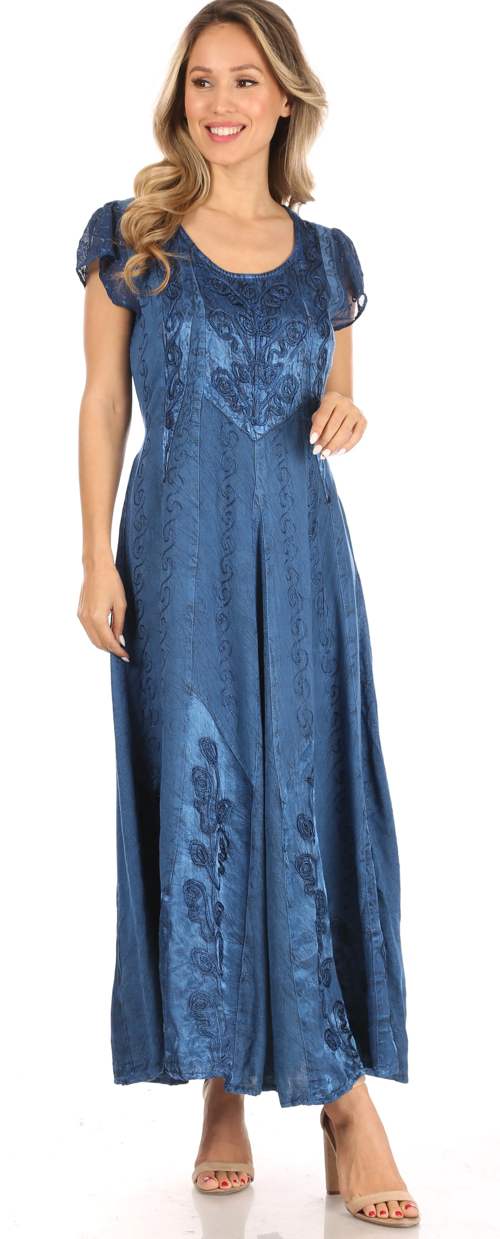Sakkas Marni Women's Casual Maxi Short Sleeve Stonewashed Long Caftan Dress Lace