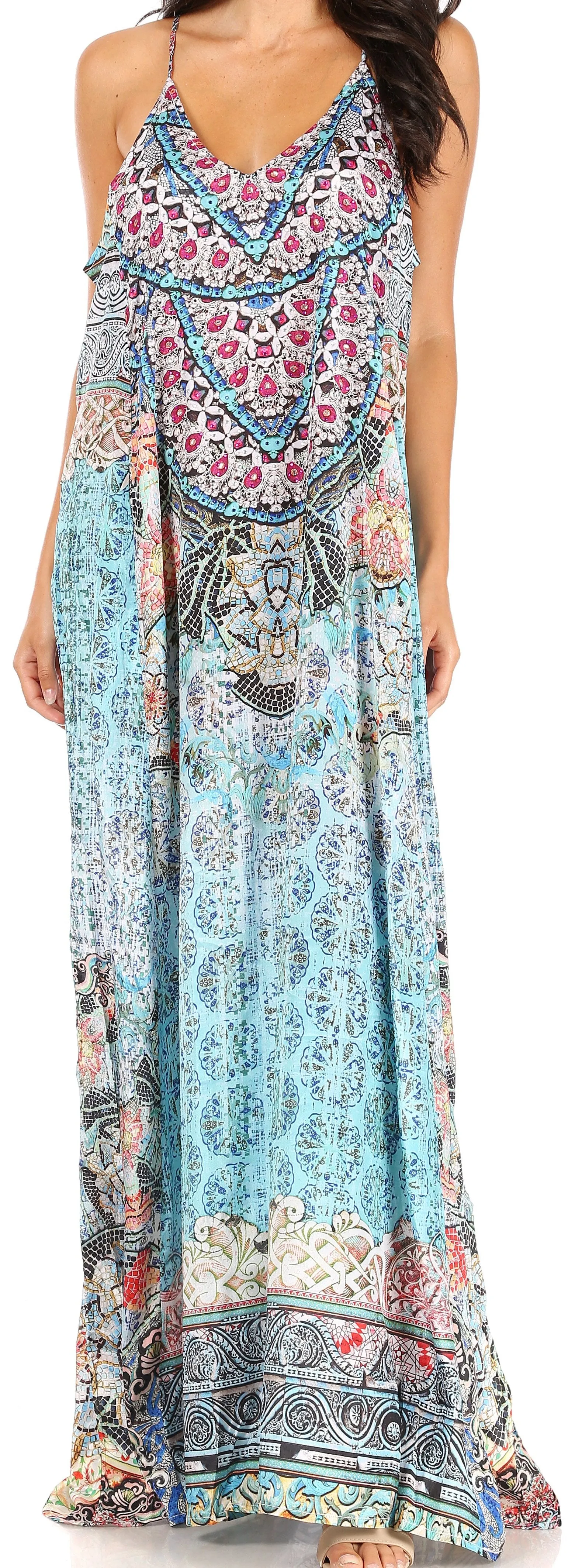 Sakkas Sofia Women's Spaghetti Strap V-neck Floral Print Summer Casual Maxi Dress