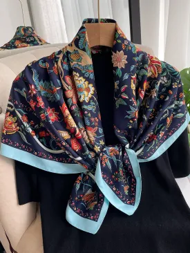 SHEIN 1pc Ladies' Imitation Silk Floral Printed Diagonal Striped Fashion Scarf For Daily Decoration