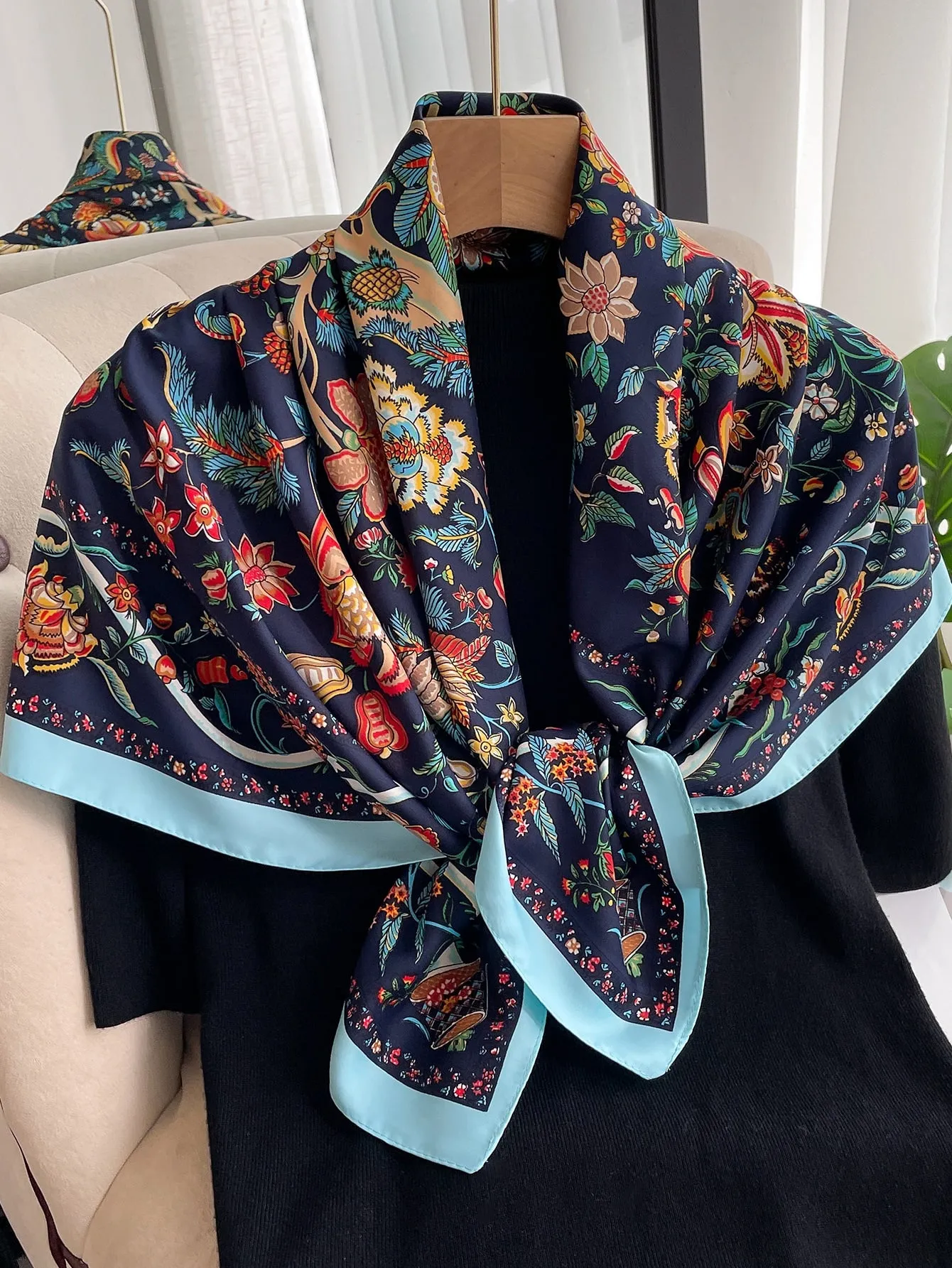 SHEIN 1pc Ladies' Imitation Silk Floral Printed Diagonal Striped Fashion Scarf For Daily Decoration