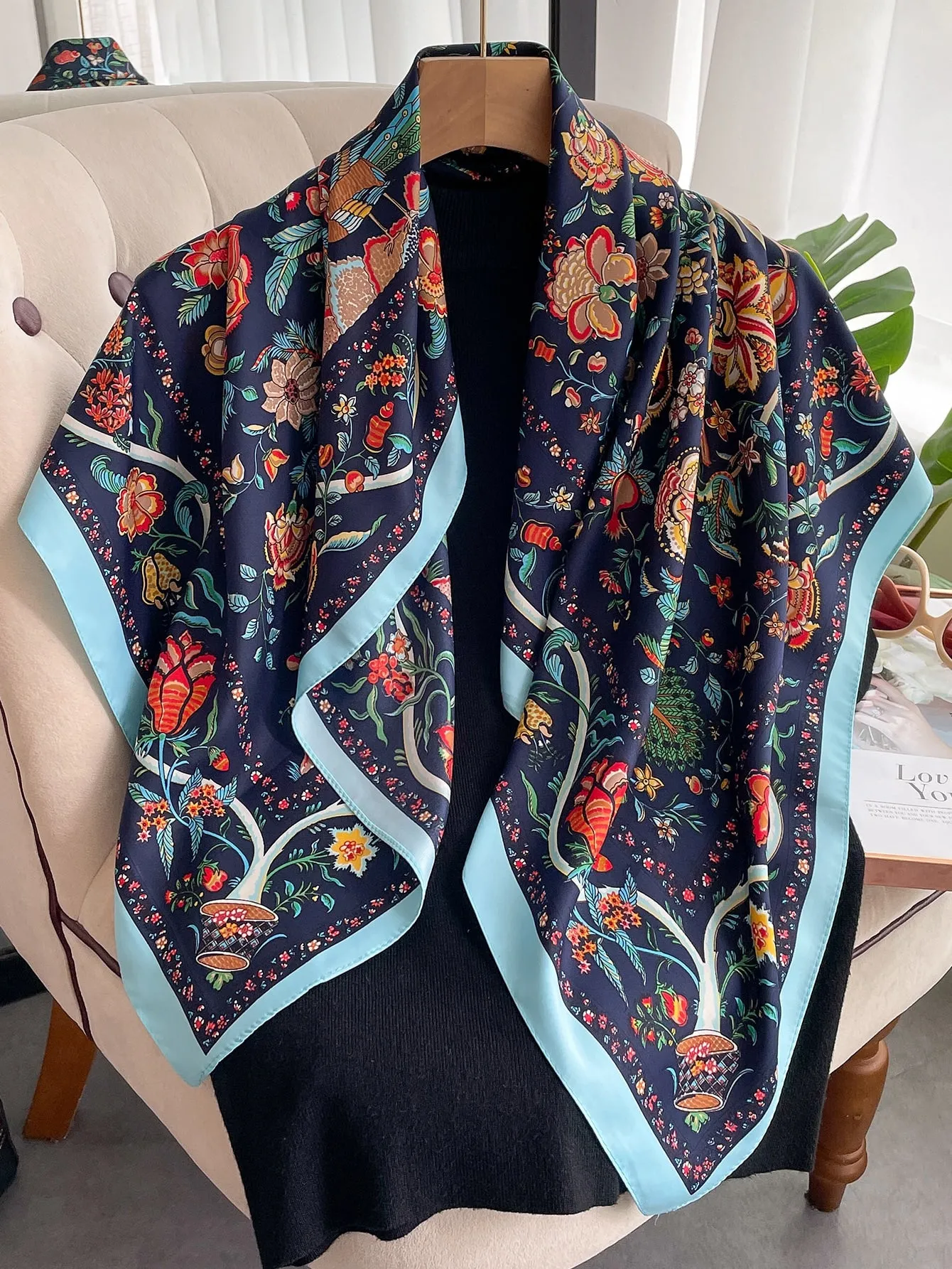 SHEIN 1pc Ladies' Imitation Silk Floral Printed Diagonal Striped Fashion Scarf For Daily Decoration