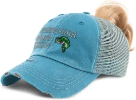Speedy Pros Womens Ponytail Cap Fishing Hair Don't Care Embroidery Distressed Trucker Hats
