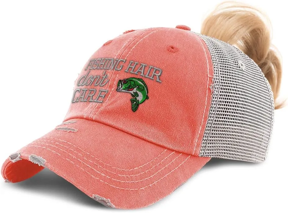 Speedy Pros Womens Ponytail Cap Fishing Hair Don't Care Embroidery Distressed Trucker Hats