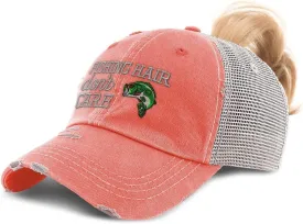Speedy Pros Womens Ponytail Cap Fishing Hair Don't Care Embroidery Distressed Trucker Hats
