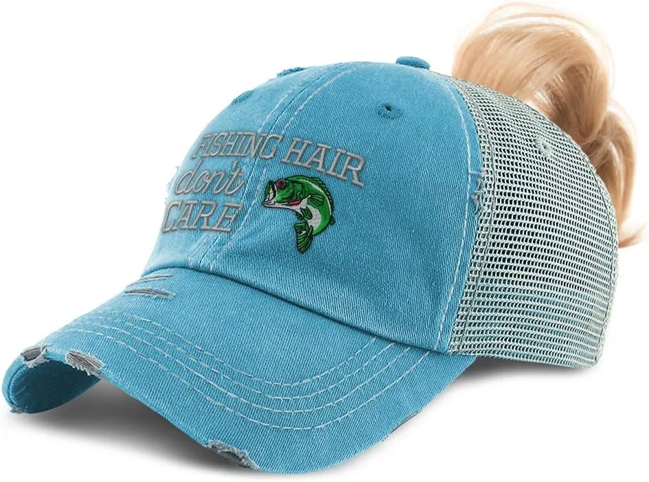 Speedy Pros Womens Ponytail Cap Fishing Hair Don't Care Embroidery Distressed Trucker Hats