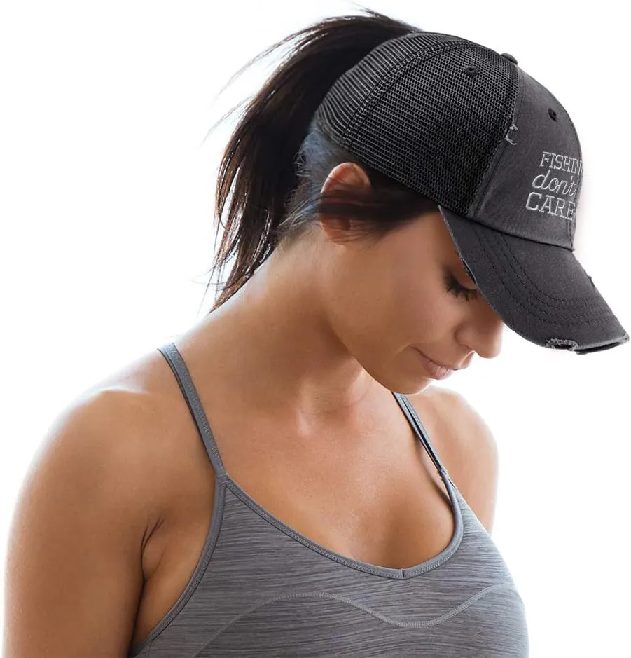 Speedy Pros Womens Ponytail Cap Fishing Hair Don't Care Embroidery Distressed Trucker Hats