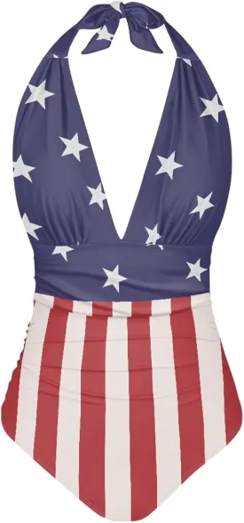 Sprowallow Swimsuits for Women One Piece Tummy Control V-Neck Halter High Cut Bathing Suit Creative Print Vacation Swimwear