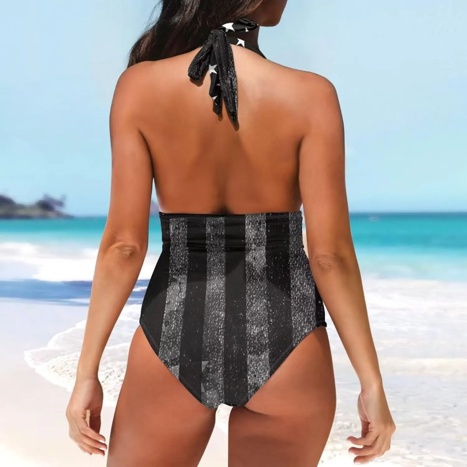 Sprowallow Swimsuits for Women One Piece Tummy Control V-Neck Halter High Cut Bathing Suit Creative Print Vacation Swimwear