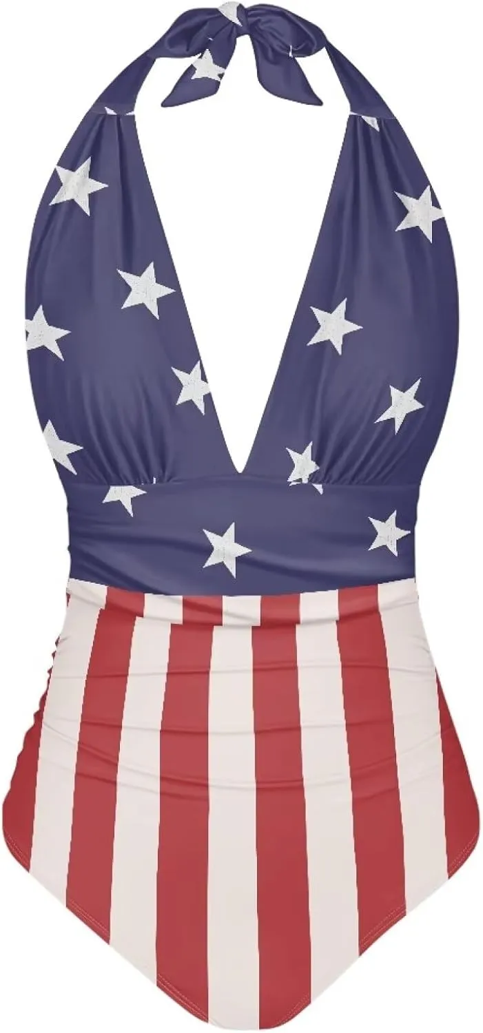 Sprowallow Swimsuits for Women One Piece Tummy Control V-Neck Halter High Cut Bathing Suit Creative Print Vacation Swimwear