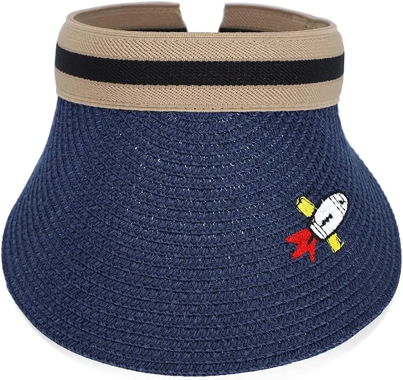 Straw Sun Visors Hats for Kids Embroidered Boys and Girls Wide Brim Roll Up Ponytail Open Top Cap