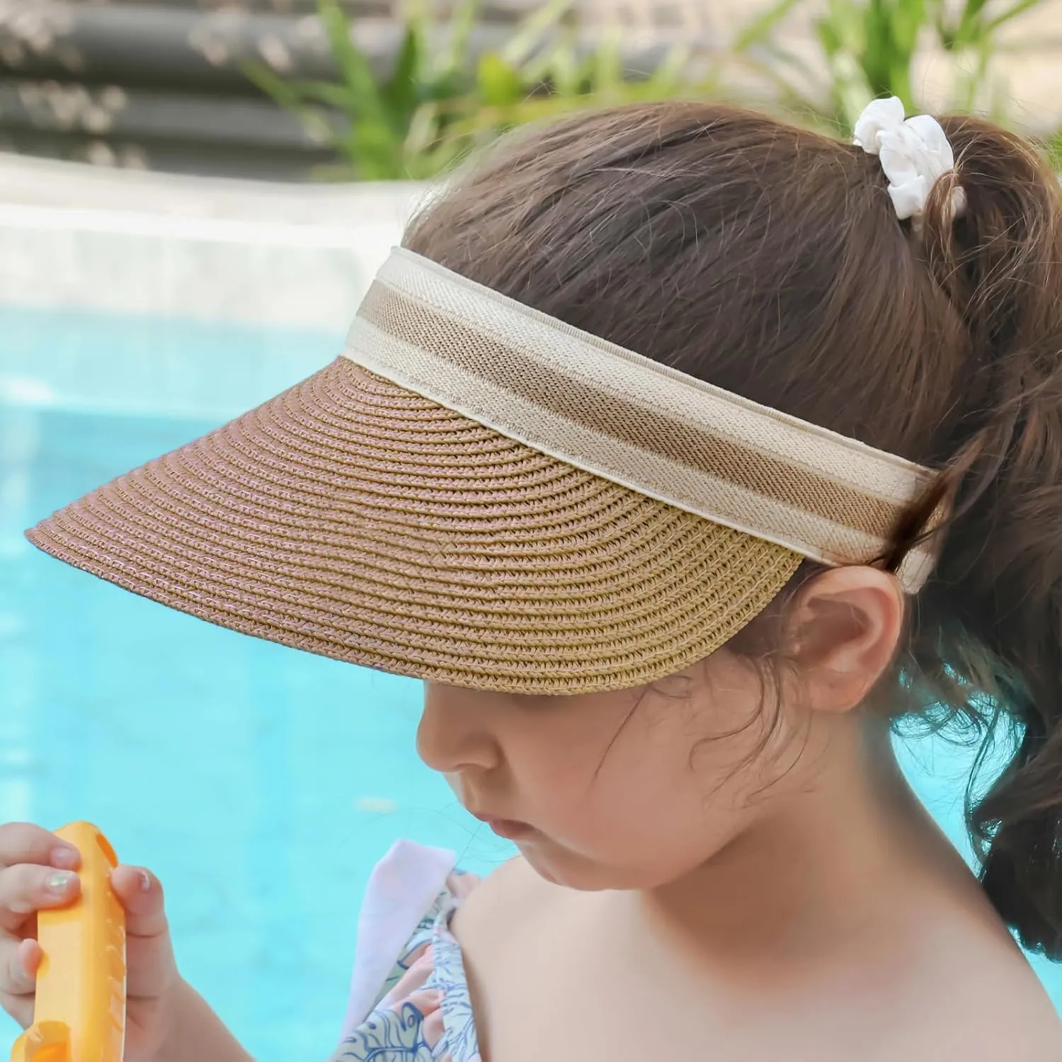 Straw Sun Visors Hats for Kids Embroidered Boys and Girls Wide Brim Roll Up Ponytail Open Top Cap