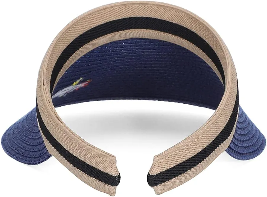 Straw Sun Visors Hats for Kids Embroidered Boys and Girls Wide Brim Roll Up Ponytail Open Top Cap