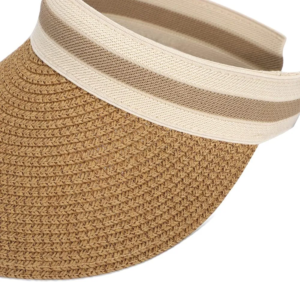 Straw Sun Visors Hats for Kids Embroidered Boys and Girls Wide Brim Roll Up Ponytail Open Top Cap