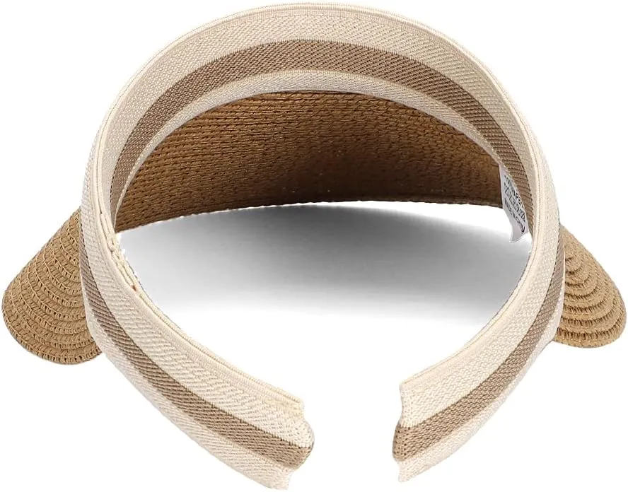 Straw Sun Visors Hats for Kids Embroidered Boys and Girls Wide Brim Roll Up Ponytail Open Top Cap