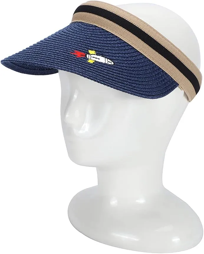 Straw Sun Visors Hats for Kids Embroidered Boys and Girls Wide Brim Roll Up Ponytail Open Top Cap