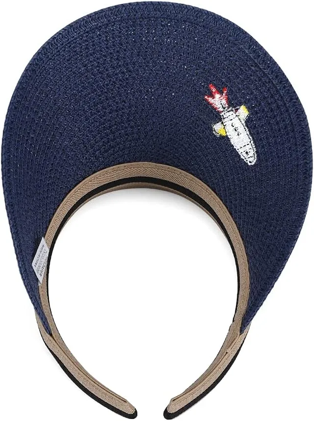 Straw Sun Visors Hats for Kids Embroidered Boys and Girls Wide Brim Roll Up Ponytail Open Top Cap