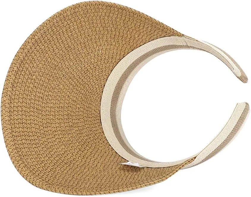 Straw Sun Visors Hats for Kids Embroidered Boys and Girls Wide Brim Roll Up Ponytail Open Top Cap