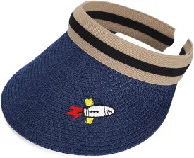 Straw Sun Visors Hats for Kids Embroidered Boys and Girls Wide Brim Roll Up Ponytail Open Top Cap