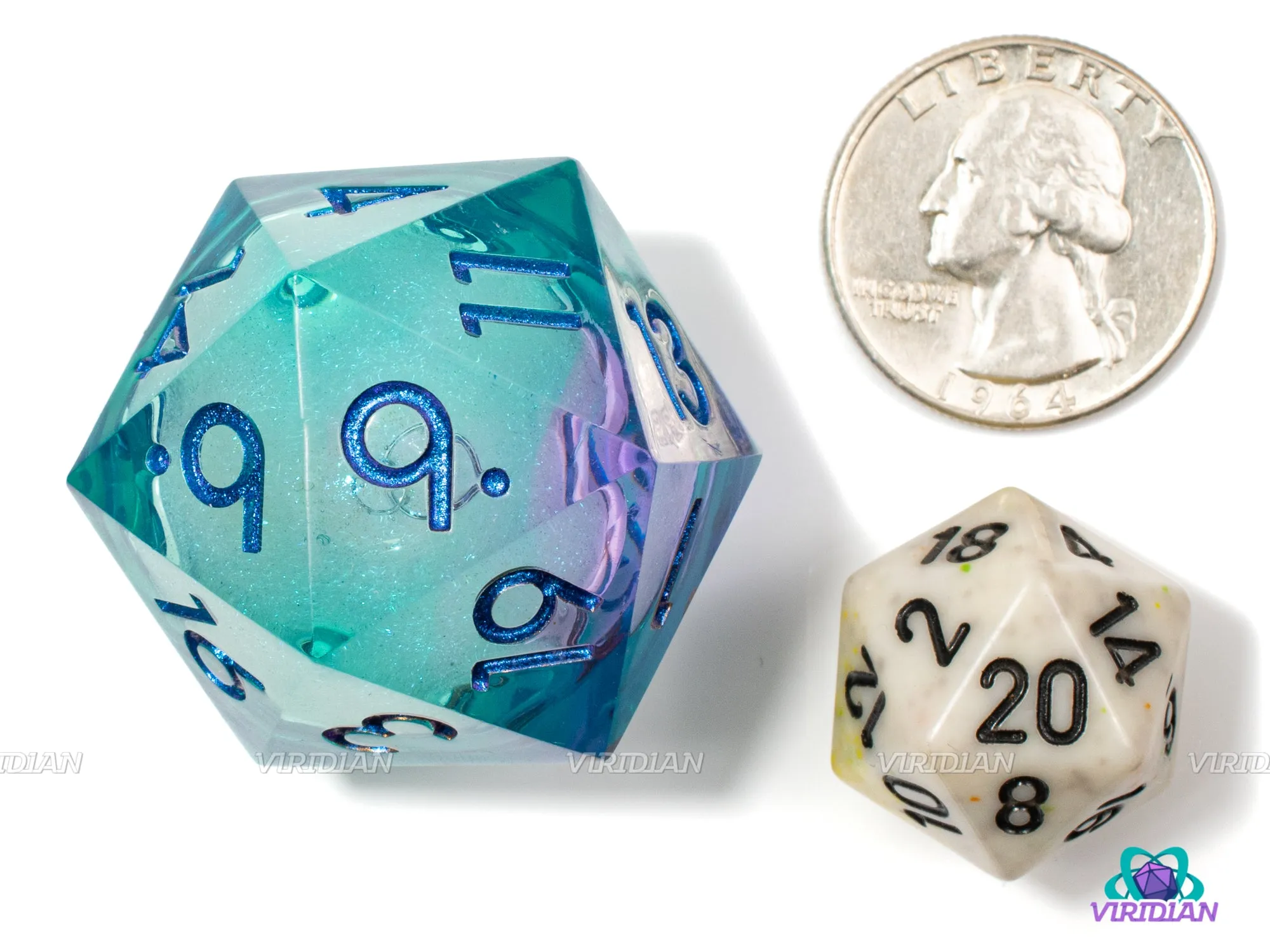 Turbo Slide D20 | Giant Liquid-Filled Core Viridian-Colors (Purple, Teal & Green) | Sharp-Edged Giant Resin D20 (1)