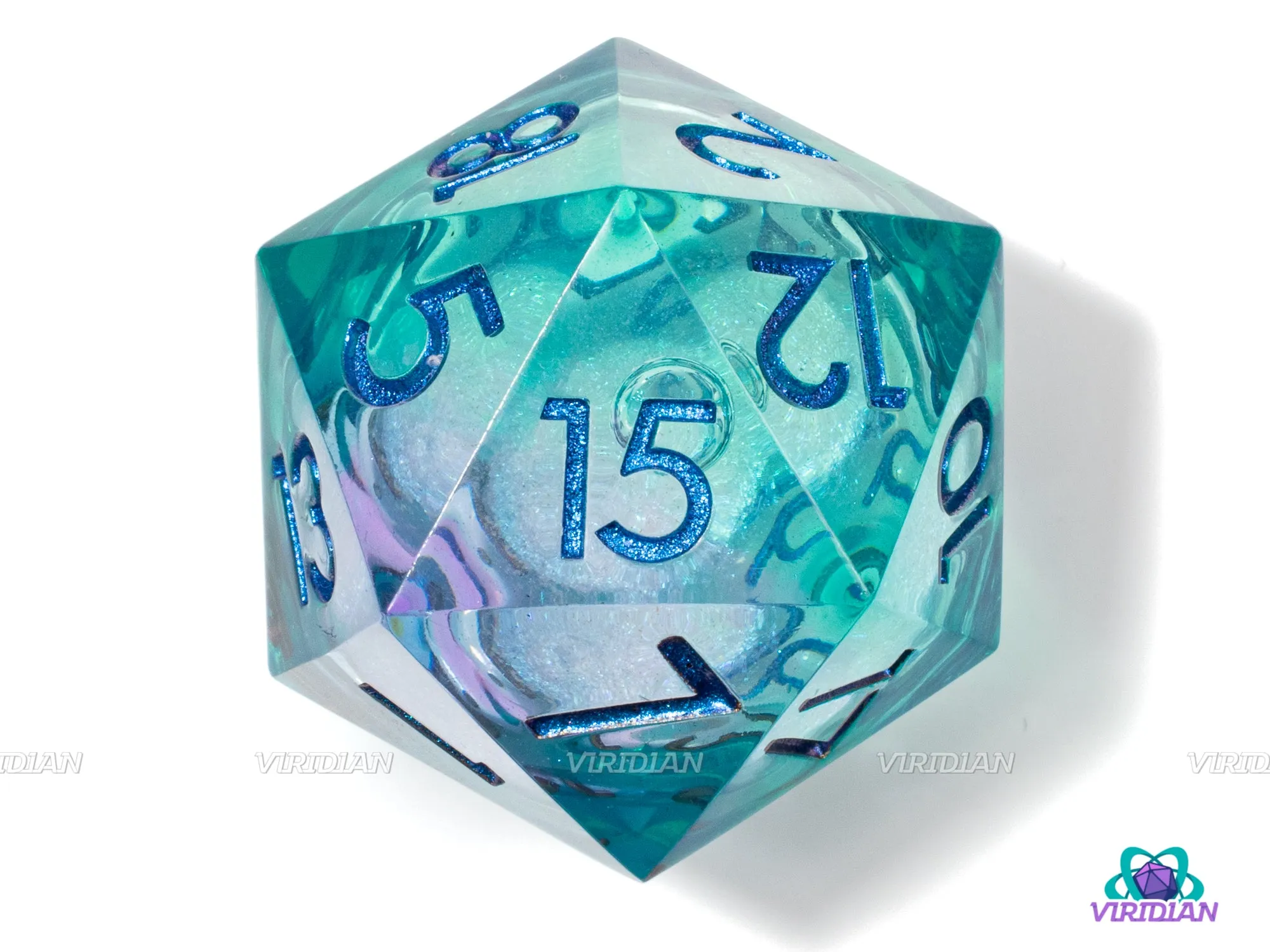 Turbo Slide D20 | Giant Liquid-Filled Core Viridian-Colors (Purple, Teal & Green) | Sharp-Edged Giant Resin D20 (1)