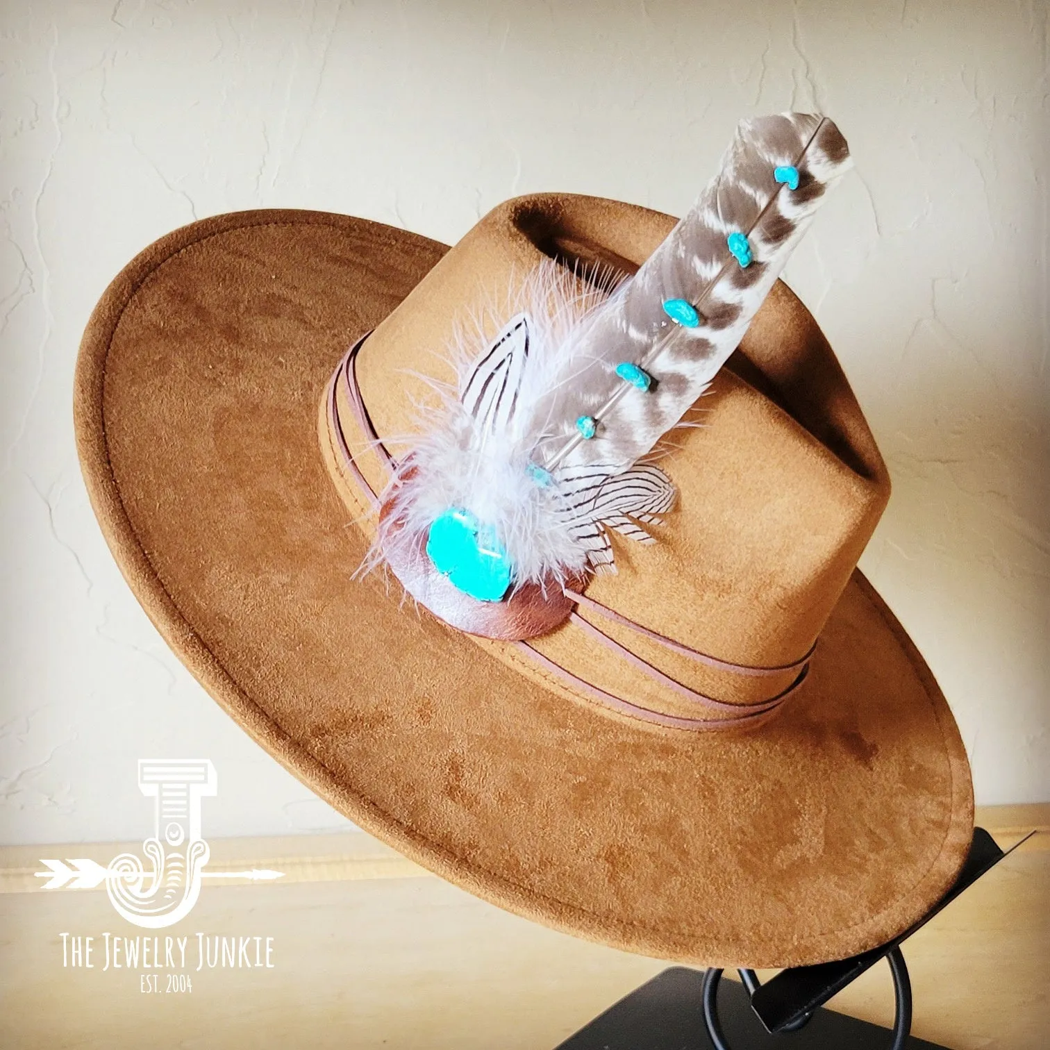 Turquoise Accent Turkey Feather Hat Band   Choice of Hat 986j