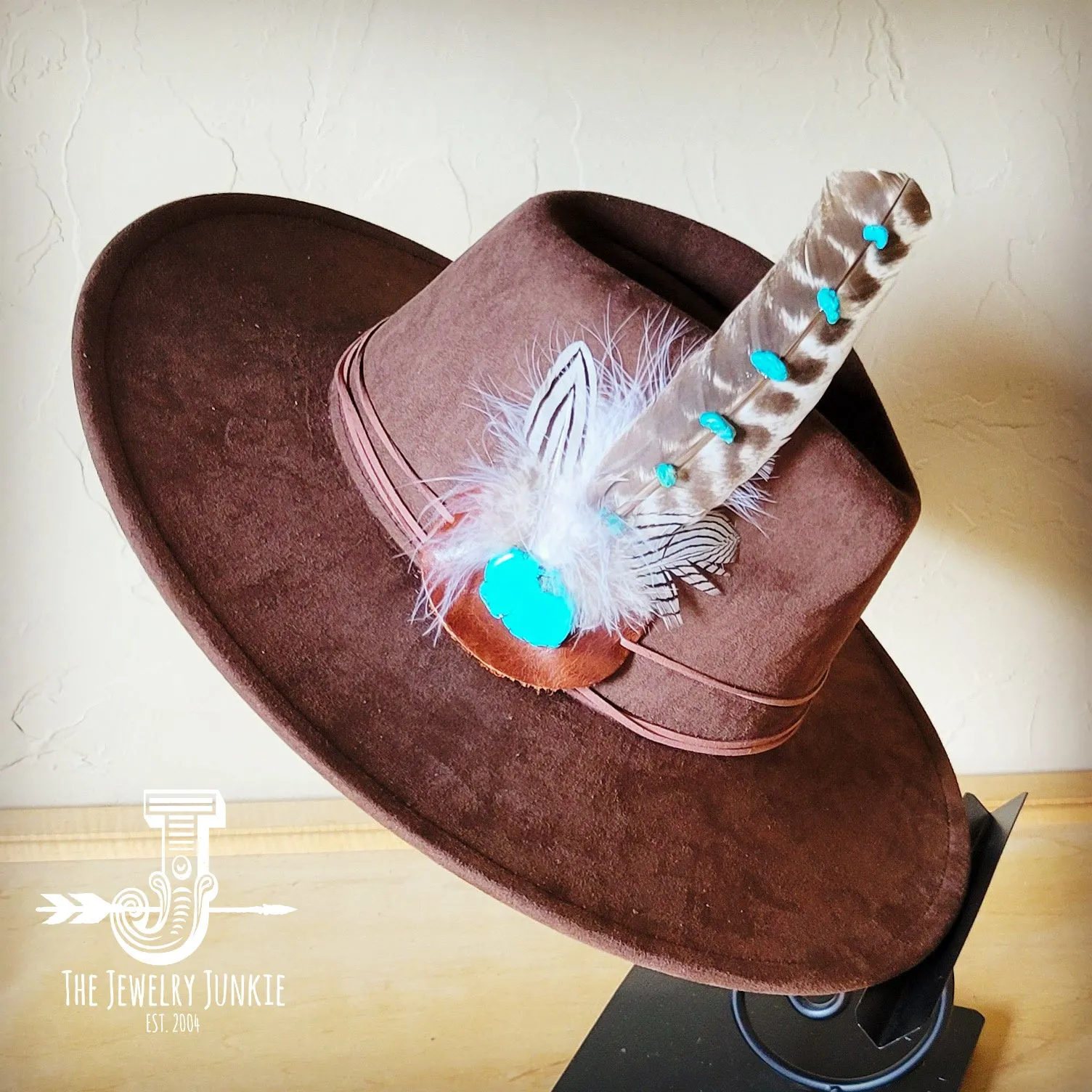 Turquoise Accent Turkey Feather Hat Band   Choice of Hat 986j