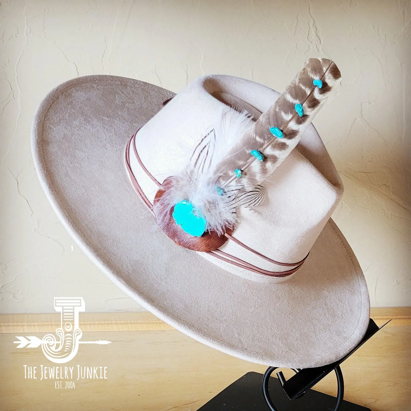 Turquoise Accent Turkey Feather Hat Band   Choice of Hat 986j