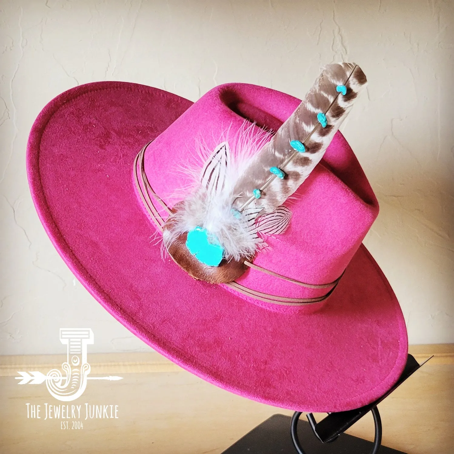 Turquoise Accent Turkey Feather Hat Band   Choice of Hat 986j