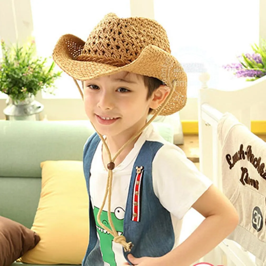 Western Cowboy Straw Hat for Boys Girls Shapeable Kids Fedora Panama Straw Hat Toddlers Floppy Sun Protection Beach Sun Cap
