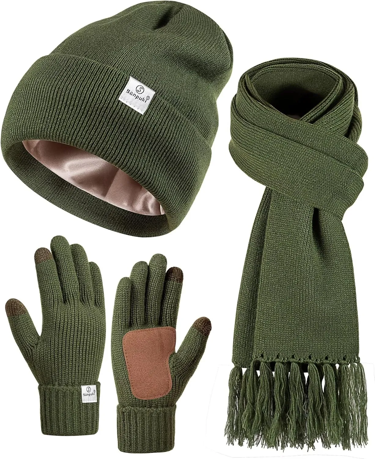 Womens Satin Lined Beanie Scarf Gloves Set, Silk Lined Winter Hats Knit Scarf Touchscreen Gloves, 3 Fashionable Warm Gift Set