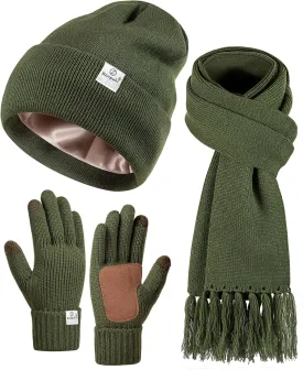 Womens Satin Lined Beanie Scarf Gloves Set, Silk Lined Winter Hats Knit Scarf Touchscreen Gloves, 3 Fashionable Warm Gift Set