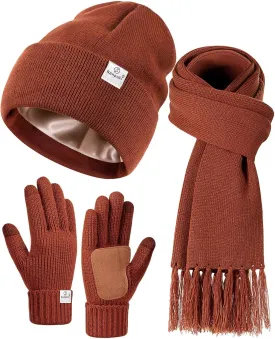 Womens Satin Lined Beanie Scarf Gloves Set, Silk Lined Winter Hats Knit Scarf Touchscreen Gloves, 3 Fashionable Warm Gift Set