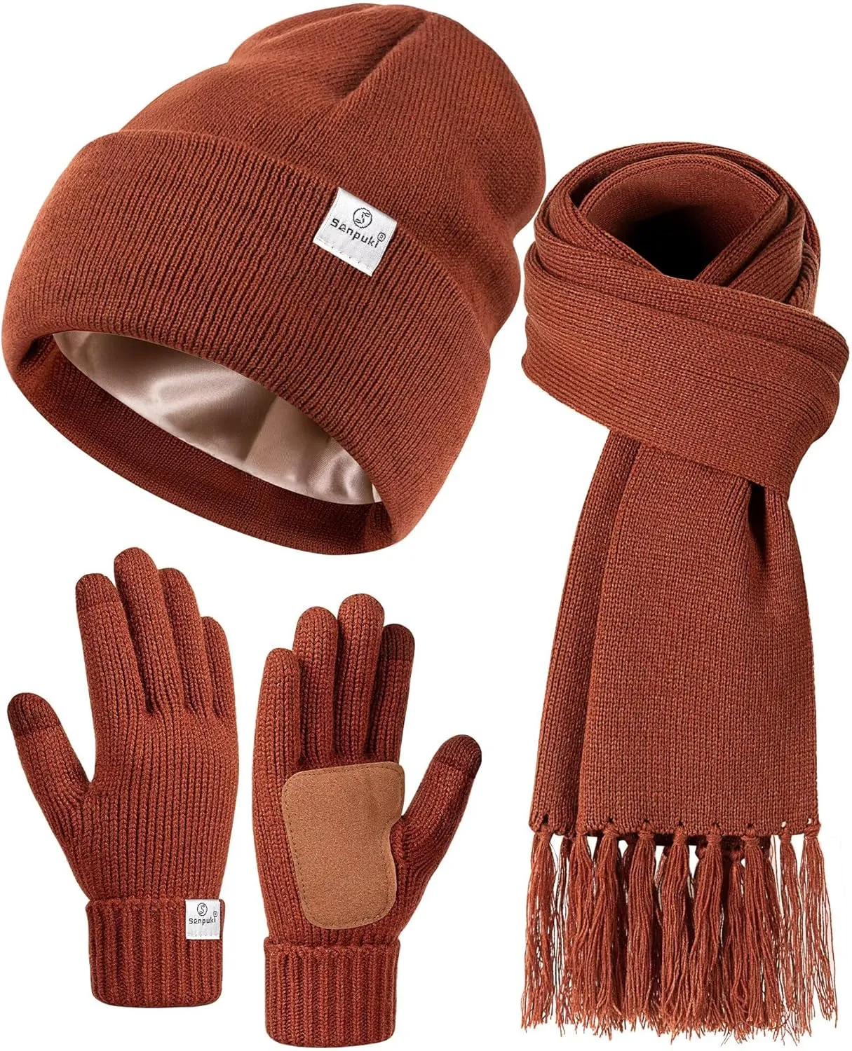 Womens Satin Lined Beanie Scarf Gloves Set, Silk Lined Winter Hats Knit Scarf Touchscreen Gloves, 3 Fashionable Warm Gift Set