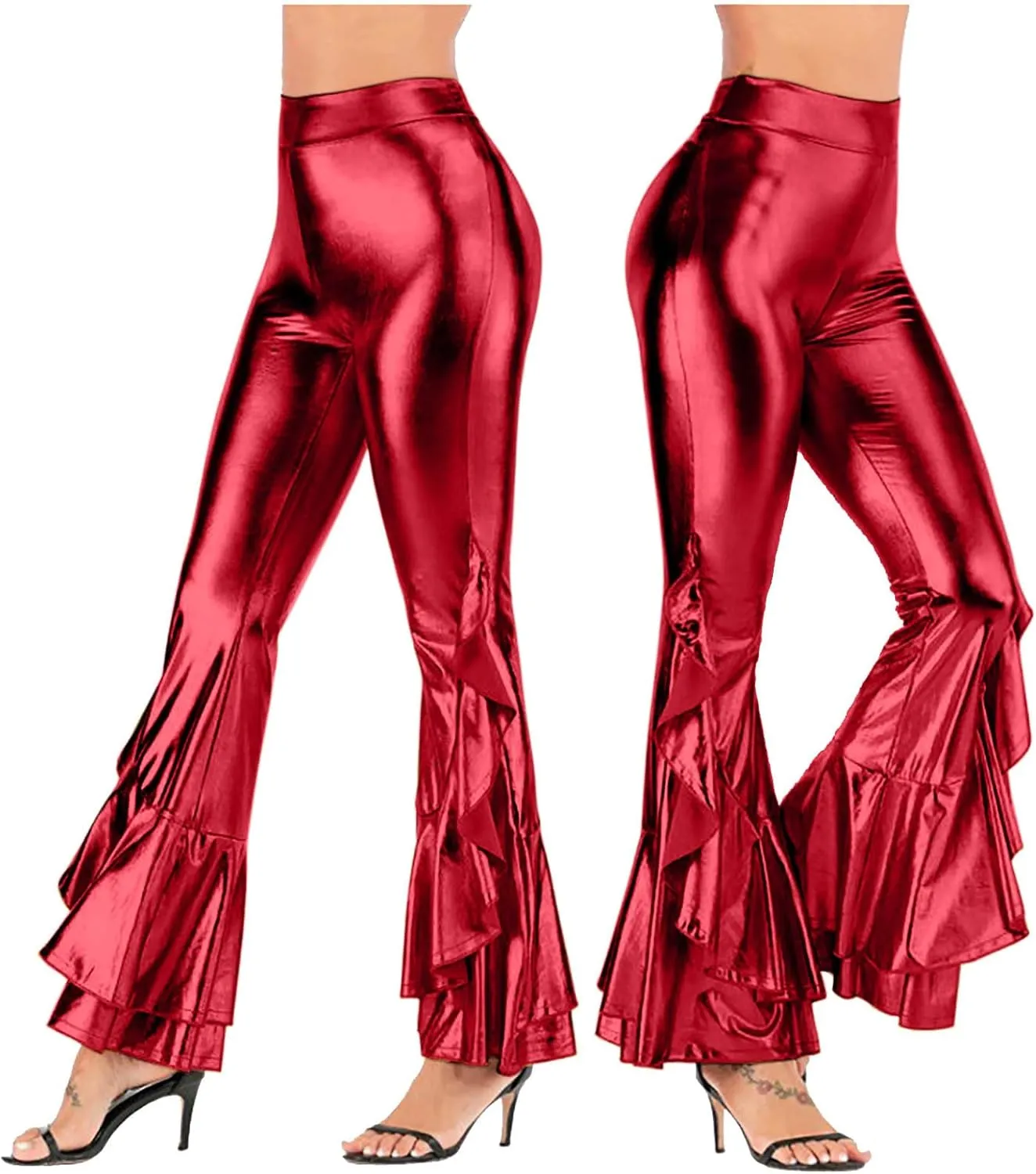 Women's Shiny Metallic Leggings Dressy 70s Vintage High Waisted Bell Bottom Ruffle Flare Dance Palazzo Casual Pants