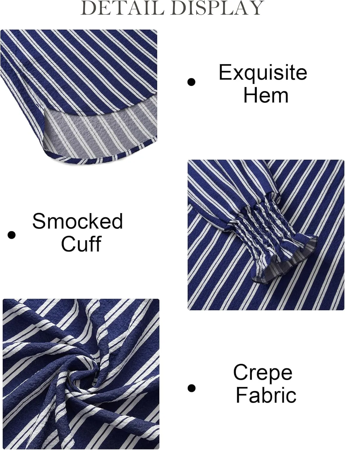 Women's Striped Button Down Shirts Long Sleeve Smocked Cuffed Oversized Boyfriend Blouses Collared Work No Pockets Tops