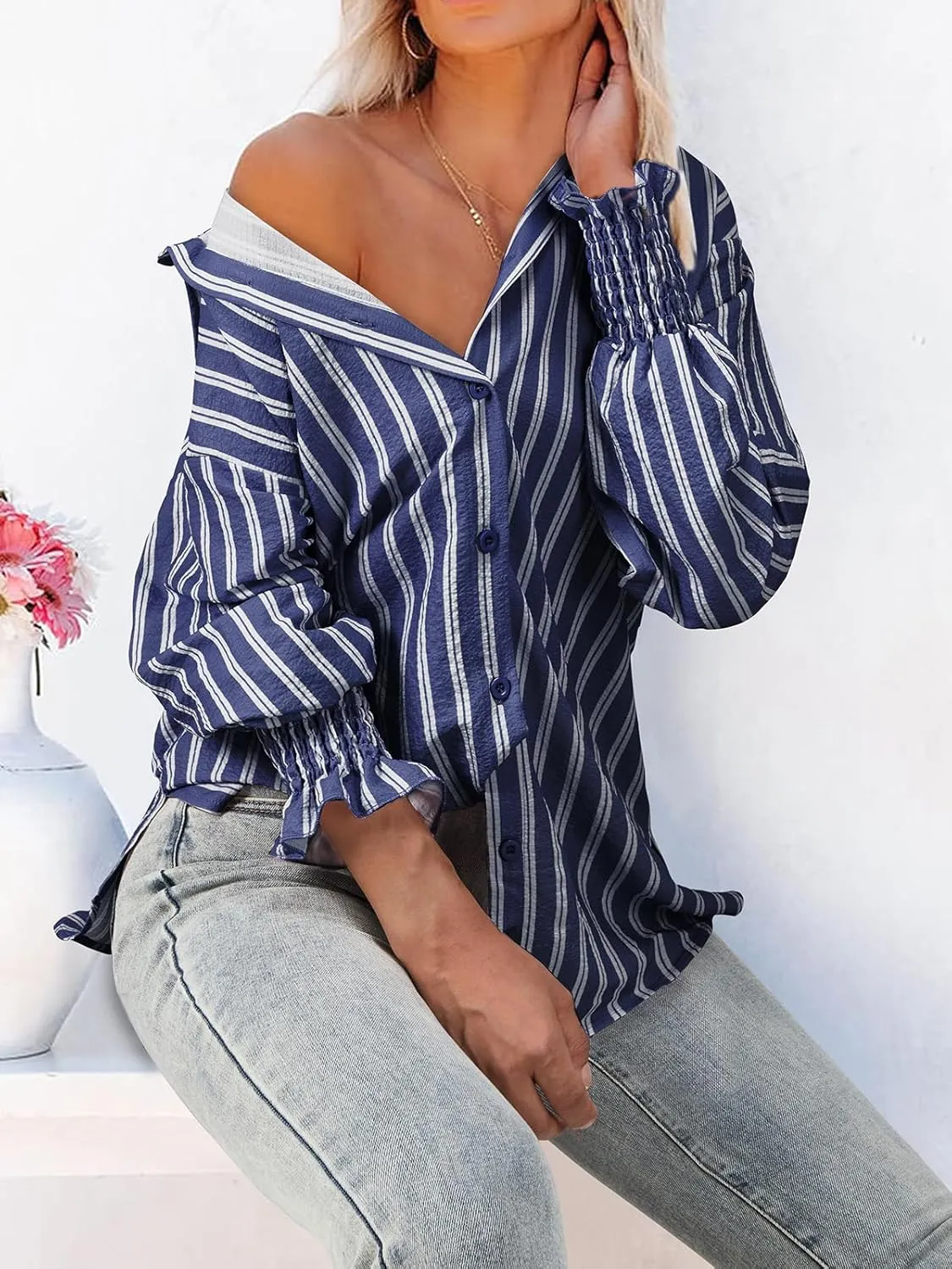 Women's Striped Button Down Shirts Long Sleeve Smocked Cuffed Oversized Boyfriend Blouses Collared Work No Pockets Tops