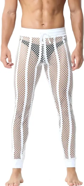 YUFEIDA Men's Fishnet Pants Drawstring Bottoms Low Rise Mesh Leggings Muscle Fit Long Pants See Through Thermal Bottoms