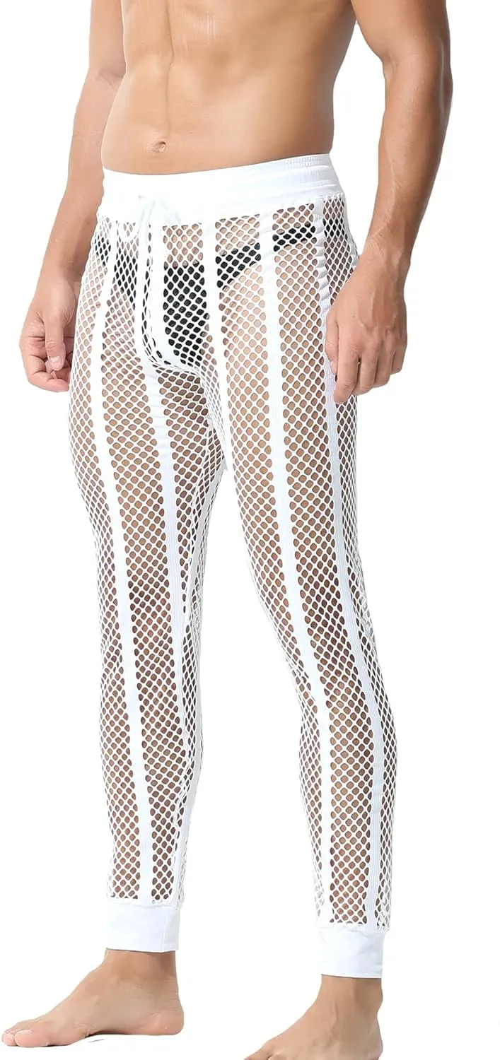 YUFEIDA Men's Fishnet Pants Drawstring Bottoms Low Rise Mesh Leggings Muscle Fit Long Pants See Through Thermal Bottoms