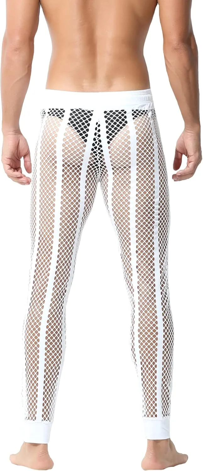 YUFEIDA Men's Fishnet Pants Drawstring Bottoms Low Rise Mesh Leggings Muscle Fit Long Pants See Through Thermal Bottoms